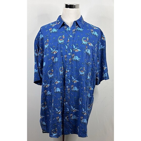 Tipsy Elves 4XL Hawaiian 4th of July Shirt Dinosaurs USA Flags Blue Short Sleeve - Picture 2 of 4